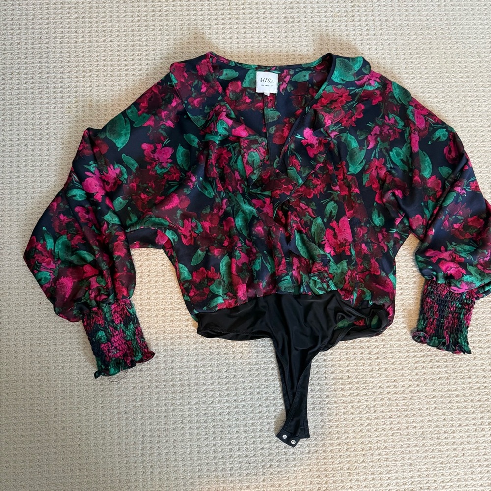 Misa Los Angeles Floral Bodysuit - Black, Pink and Green